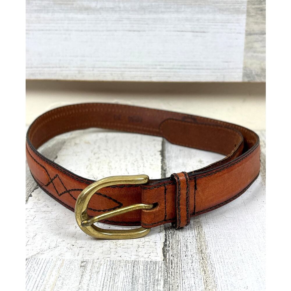 Vintage Handmade Unisex L Brown Leather Western Belt Brass Buckle 35 Inch